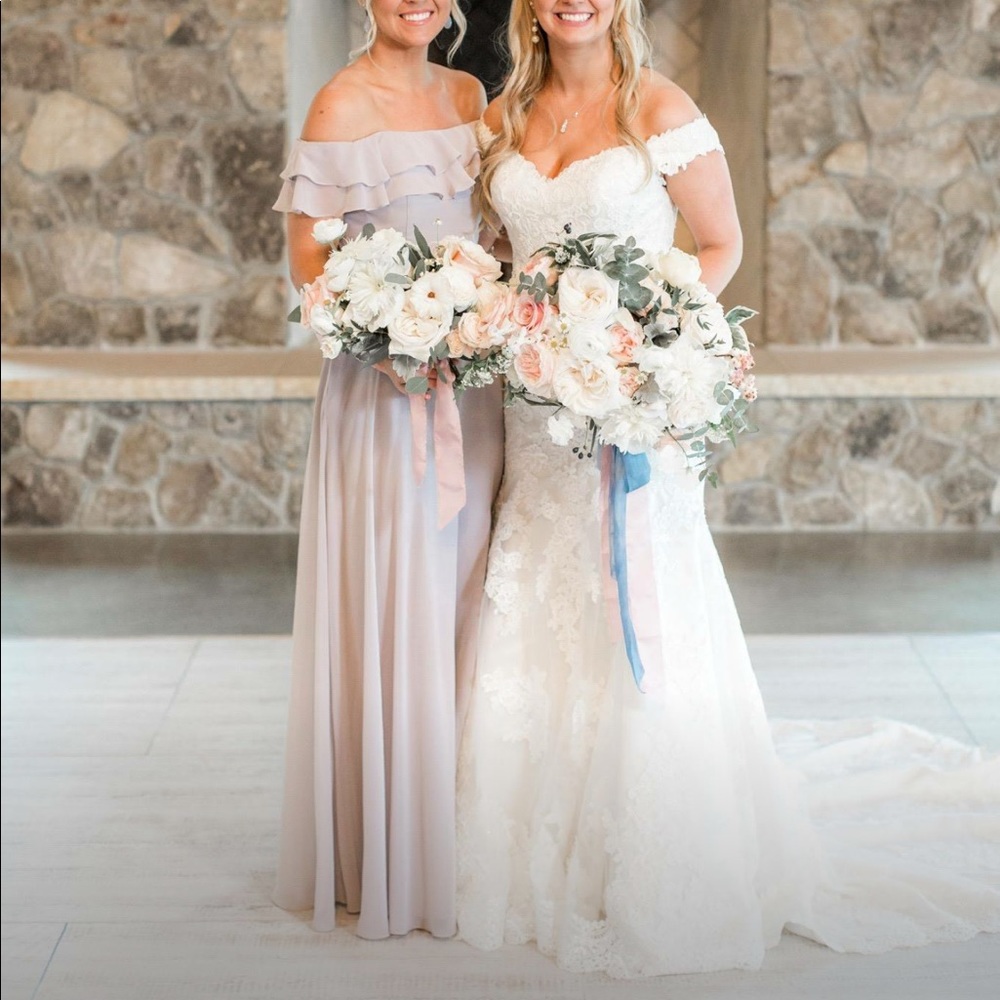 Morilee dress, off the shoulder flounced neckline
